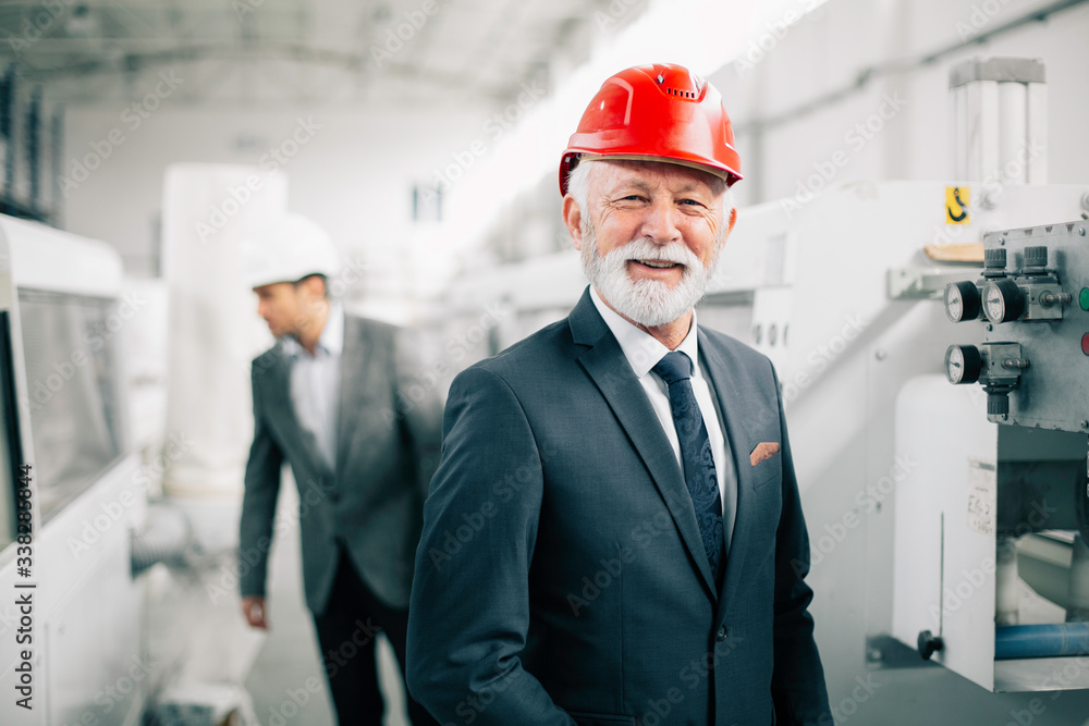 Portrait of handsome businessman. Man working in factory.	