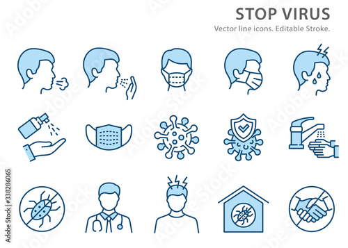 Coronavirus line icon set. Vector illustration. Editable stroke.