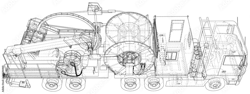 Fototapeta premium Coiled tubing machine technical wire-frame. EPS10 format. Vector created of 3d.