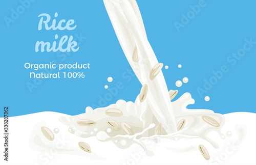 Pouring rice milk isolated on blue background. Vector illustration of  milk flow and seed in cartoon flat style. Splash and drops of milk. Plant-based drink and grain.  Organic Dairy Free Vegan milk.