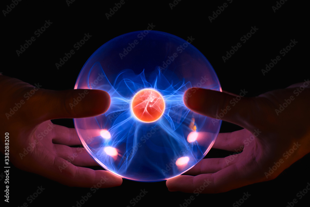 male hands with magic fire ball - obrazy, fototapety, plakaty 