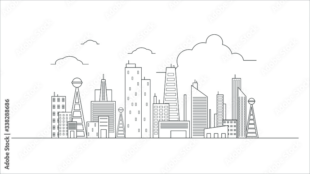city building in flat line illustration vector, panoramic cityscape design for background  