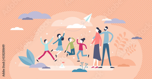 Kids joy vector illustration. Happy childhood time flat tiny persons concept