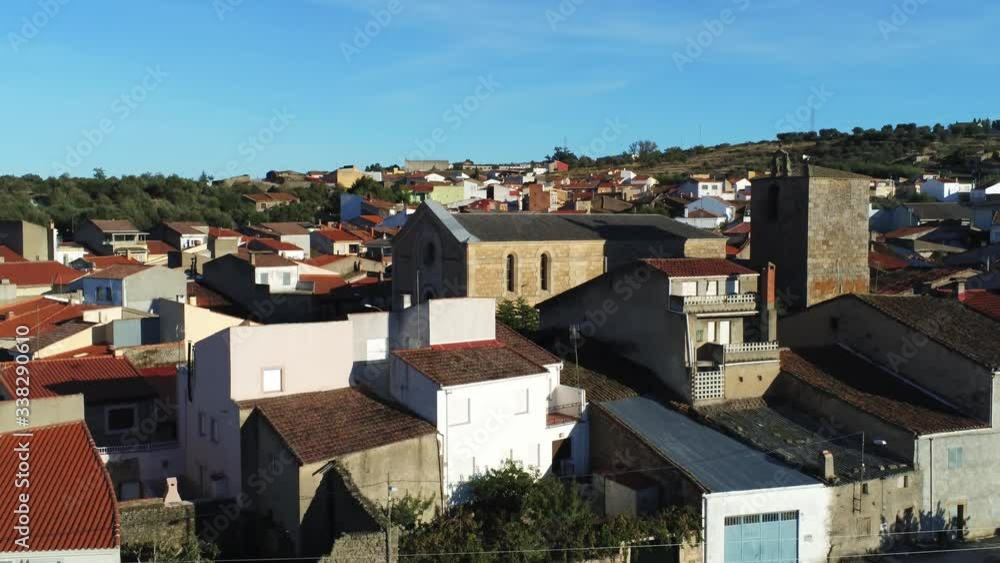Aerial lowering view of Vilarino de los aires city in Spain. Pedestal down Aerial lowering view of Vilarino de los aires city in Spain. Pedestal down