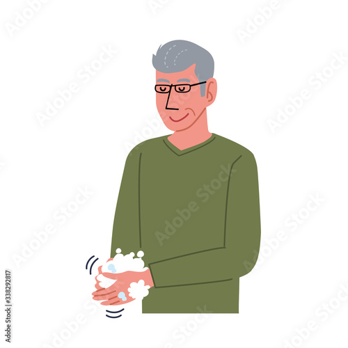 手を洗う　シニア男性　コロナウイルス　イラスト
