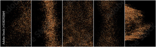 Set of Coffee Color Grain Texture Isolated on Black Background. Chocolate Shades Confetti. Brown Particles. Digitally Generated Image. Vector Illustration, EPS 10.