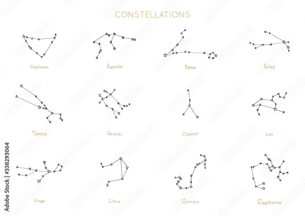 Zodiac constellations on white background. Hand drawn astrological celestial bodies in vector. Graphic illustrations. Zodiac constellations on white background. Hand drawn astrological celestial bodies in vector. Graphic illustrations.