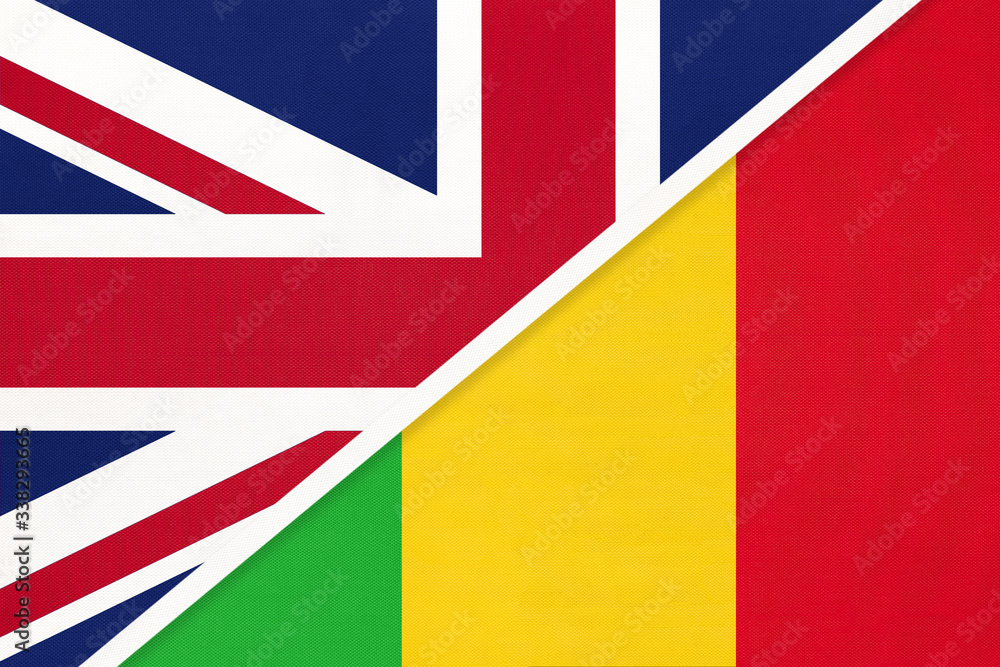 United Kingdom vs Mali national flag from textile. Relationship between two European and African countries. United Kingdom vs Mali national flag from textile. Relationship between two European and African countries.