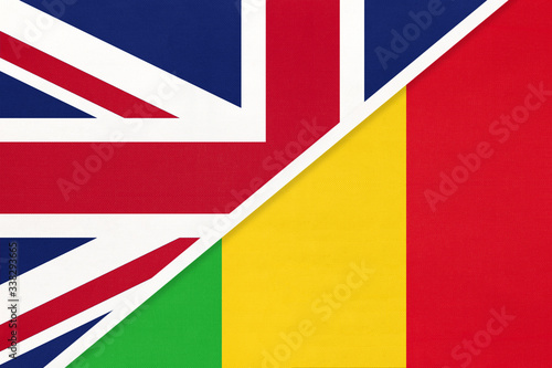 United Kingdom vs Mali national flag from textile. Relationship between two European and African countries.