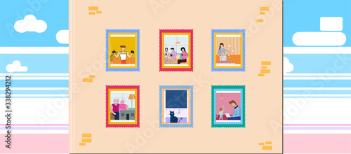 2D flat, Stay home background is many activity characters, covid-19 concept is safe work at home able reduce spreading virus, creative illustration cartoon background, healthy conceptual.