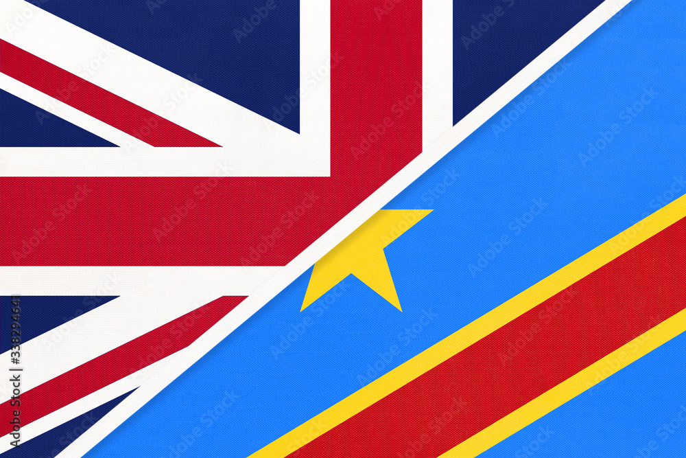 United Kingdom vs Congo national flag from textile. Relationship between two European and African countries. United Kingdom vs Congo national flag from textile. Relationship between two European and African countries.