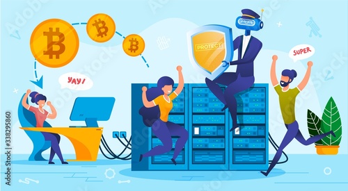 Financial Bitcoin Cloud Storage System Security. Innovative Digital Technology from Hacking, Cyber Crime, Virus. Robot Artificial Intelligence Provide Shield Protection. People Rejoice New Opportunity