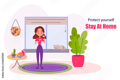 Woman is staying at home on quarantine and spend time by drinking coffee near the window and sleeping cat. Vector issustration. Cartoon character design