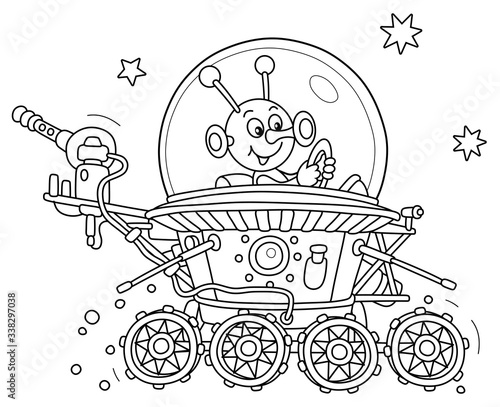 Funny small alien friendly smiling and piloting a lunar rover somewhere beyond the planet Earth, black and white outline vector cartoon illustration for a coloring book page