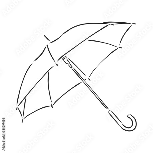 Umbrella coloring, linear drawing, outline, vector sketch, icon, monochrome, contour illustration. Black and white open umbrella