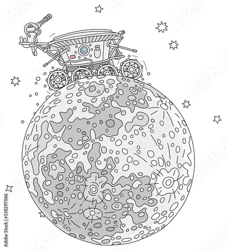 Lunar rover, Moon research vehicle exploring the satellite of the Earth, an interplanetary explorative expedition on a neighboring planet, vector cartoon illustration on a white background