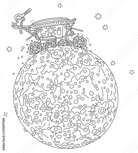 Lunar rover, Moon research vehicle exploring the satellite of the Earth, an interplanetary explorative expedition on a neighboring planet, vector cartoon illustration on a white background
