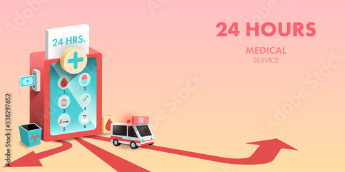 Red medical services vending machine with ambulance and biohazard trash can. Concept healthcare service vector illustration.