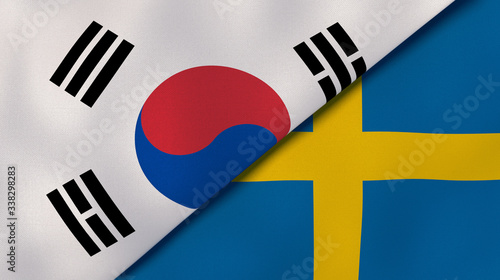 The flags of South Korea and Sweden. News, reportage, business background. 3d illustration photo