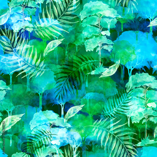 Fototapeta Naklejka Na Ścianę i Meble -  Watercolor seamless pattern. Silhouette of a tree, bush, forest.  fashionable pattern for wallpaper, fabrics,  design. 
blue, green, night trees.Cedar, oak, birch, poplar, linden, aspen. Mixed forest