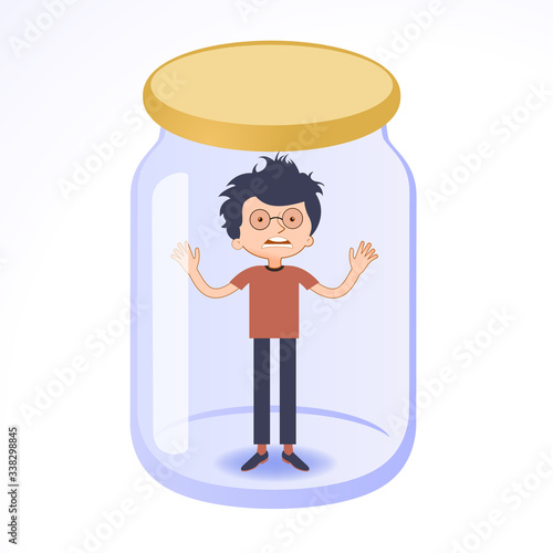 Cartoon man in a glass jar. Man is isolated from the environment. Quarantine concept. 