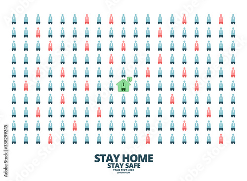 Stay home during outbreak of  coronavirus (COVID-19) concept.Infographic of people who are infected with the infected person as a virus spread in society and people who stay safe in their house.Vector