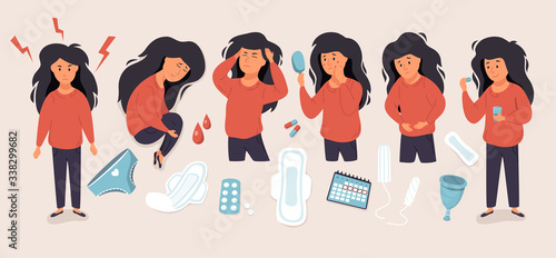 PMS. Woman suffering from premenstrual syndrome set. Menstrual cycle symptoms.