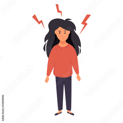 The woman is angry. Feeling of aggression. A woman stands and clenches her hands into fists around her zipper