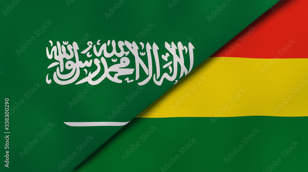 Fototapeta premium The flags of Saudi Arabia and Bolivia. News, reportage, business background. 3d illustration