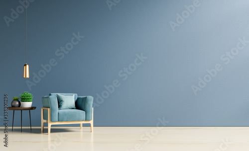 Living Room interior with blue velvet armchair and cabinet.