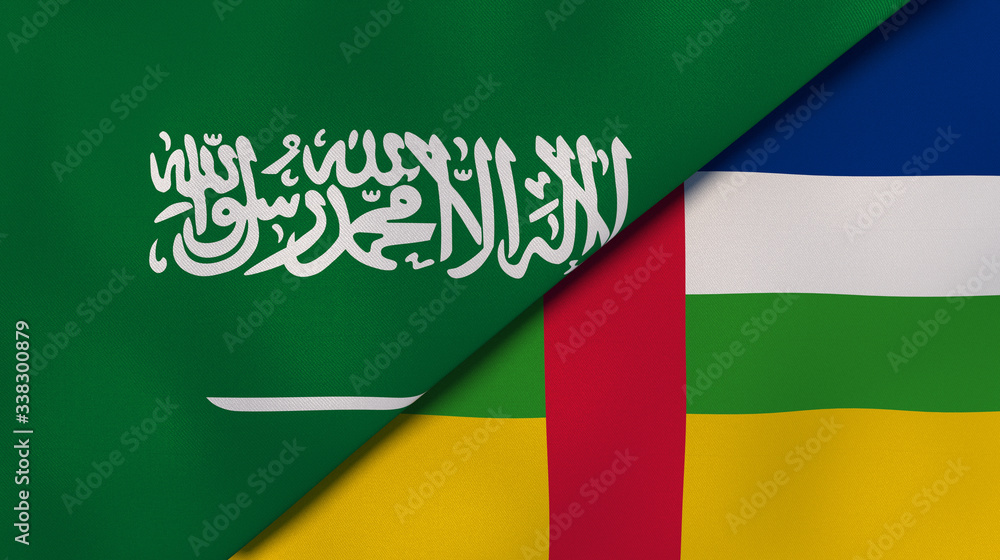 Fototapeta premium The flags of Saudi Arabia and Central African Republic. News, reportage, business background. 3d illustration