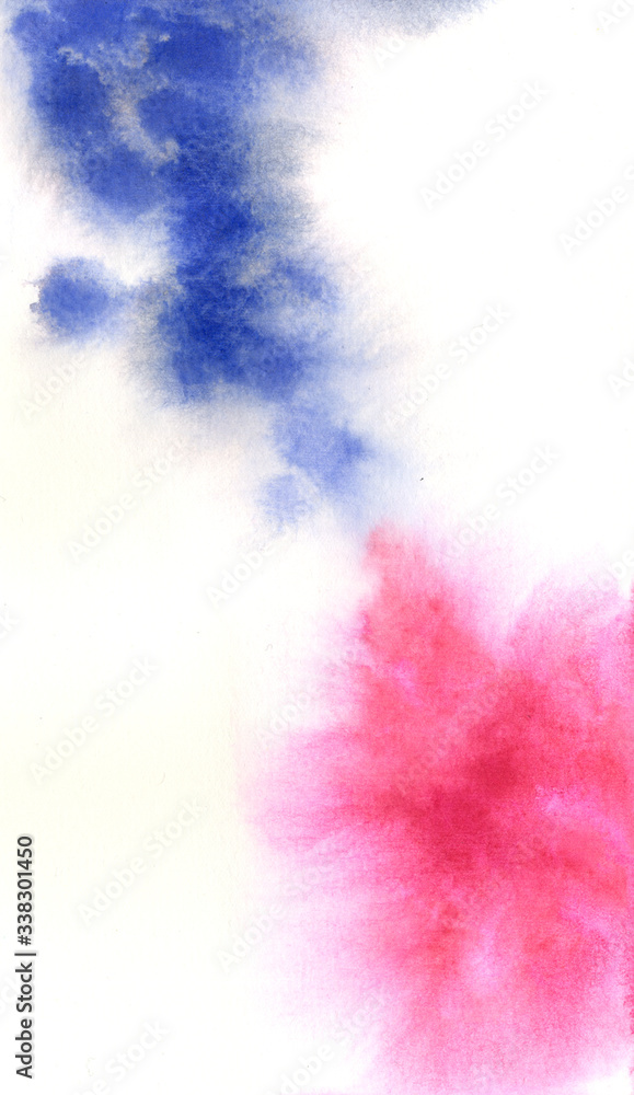 Two watercolor blotches blue and pink color. Corner composition