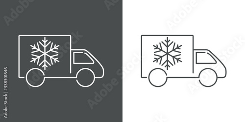 Símbolo de transporte refrigerado. Icono plano lineal camión con estrella de frío en fondo gris y fondo blanco