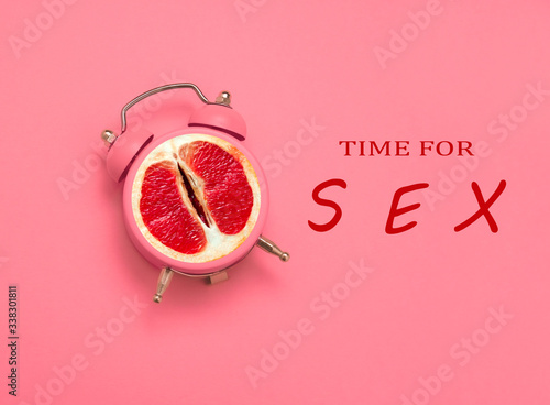 collage with clock and grapefruit and inscription time for sex on a pink background