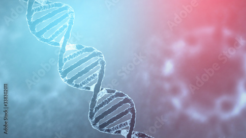 DNA chain and coronavirus Covid-19. Abstract medical background, microbiological environment under the microscope. 3d illustration photo