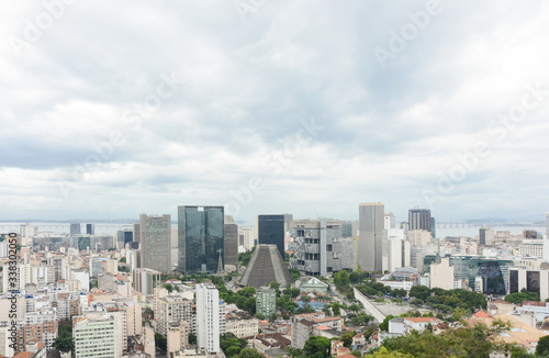 Panoramic view of Rio's downtown with The Metropolitan Cathedral, Financial District, the Lapa Arches and Guanabara Bay in the background