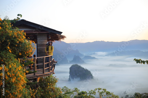 Women enjoy the view of Phu Lanka in the morning in Phayao, Thailand