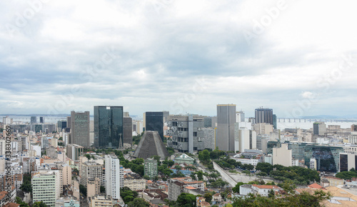 RIO DE JANEIRO, BRAZIL - JANUARY 3, 2020: Panoramic view of Rio's downtown with The Metropolitan Cathedral, Financial District, the Lapa Arches and Guanabara Bay in the background