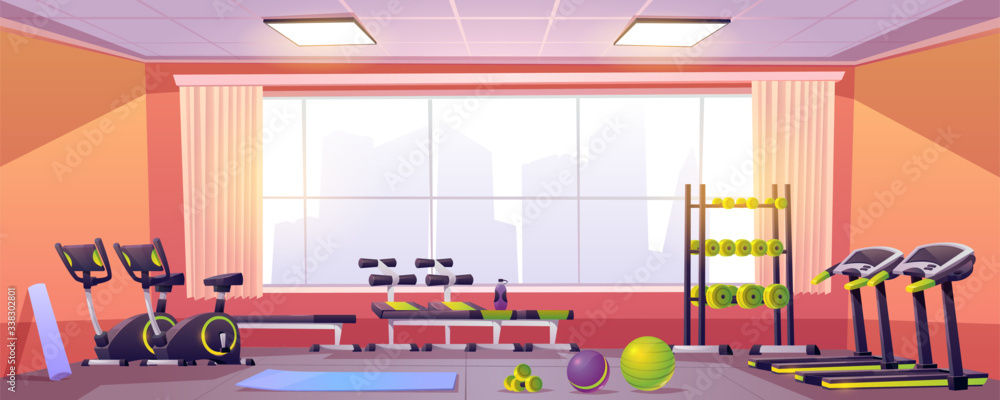 Sport and fitness equipment in gym. Vector cartoon interior of training  club with running track, exercise bike, bench, fitness balls, dumbbells and  yoga mat. Empty workout room Stock Vector | Adobe Stock