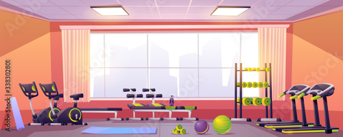 Sport and fitness equipment in gym. Vector cartoon interior of training club with running track, exercise bike, bench, fitness balls, dumbbells and yoga mat. Empty workout room