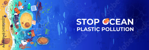 Stop ocean plastic pollution banner. Polluted sea coastline with garbage and waste top view. Vector cartoon landscape of sand beach and ocean with floating dirty trash, boxes and bottles