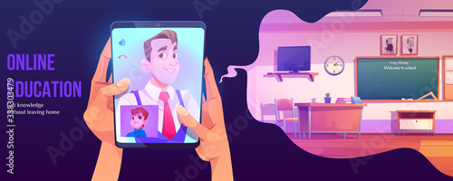 Online education banner. Distance study at home. Vector illustration of digital training, webinar with student and teacher and virtual classroom. Concept of getting knowledge without leaving home