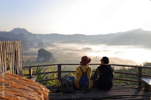 Fotografie Women and men enjoy the view of Phu Lanka in the morning in Phayao, Thailand