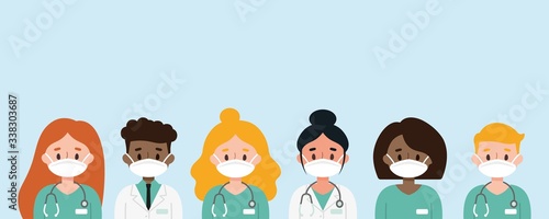 Group of doctors and nurses wearing masks. Medical staff wearing protective equipment