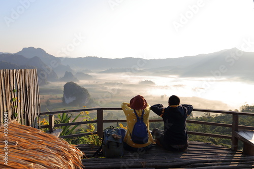 Fotografie Women and men enjoy the view of Phu Lanka in the morning in Phayao, Thailand