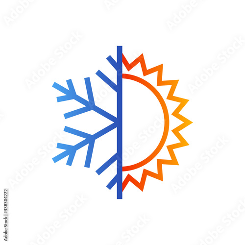 Logotipo climatización. Icono plano lineal con estrella de frío en color azul y sol en color naranja