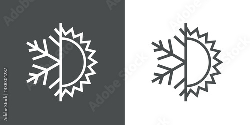 Logotipo climatización. Icono plano lineal con estrella de frío y sol en fondo gris y fondo blanco