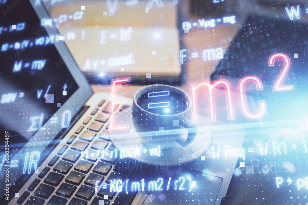 Desktop computer background and formula hologram writing. Double exposure. Education concept. Desktop computer background and formula hologram writing. Double exposure. Education concept.