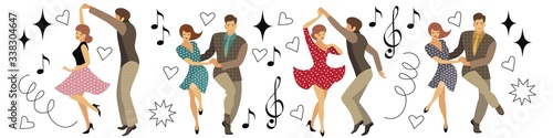 banner with retro dancers in the style of the 50s. young men and women in cartoon style. four pairs isolated on a white background. stock vector illustration. EPS 10.