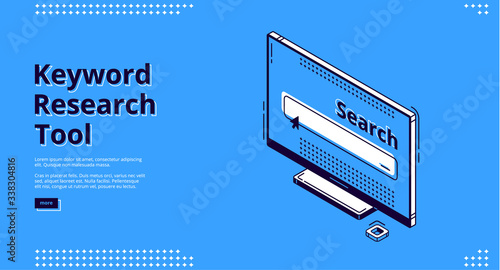 Keyword research tool isometric landing page. Computer monitor with search box on screen. Seo optimization, analysis service 3d vector illustration, web banner line art